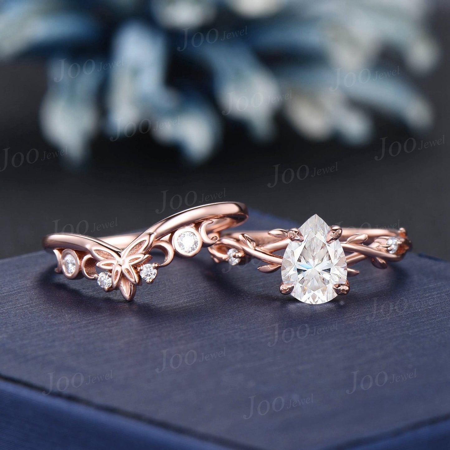 1.25ct Pear Moissanite Diamond Ring Set 14K Rose Gold Nature Inspired Twig Vine Moissanite Engagement Ring Unique Promise Anniversary Rings