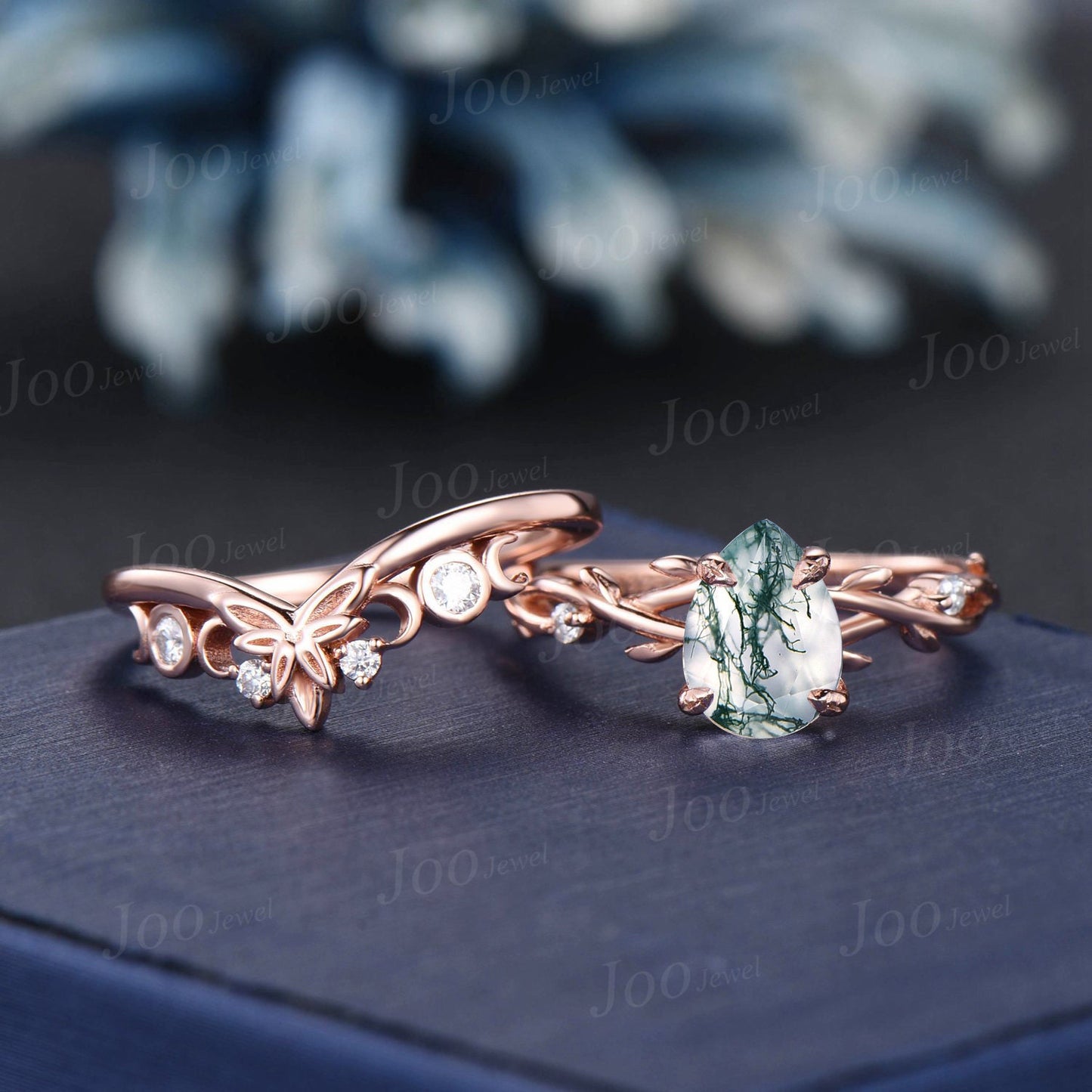 1.25ct Pear Moss Agate Wedding Ring Set 14K Rose Gold Twig Vine Half Moon Moss Agate Diamond Engagement Ring Unique Promise Anniversary Ring