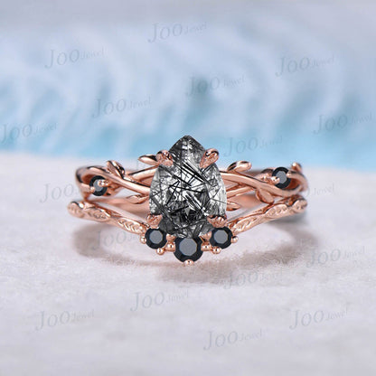 1.25ct Pear Twig Vine Natural Black Rutilated Quartz Ring Set Black Gemstone Nature Inspired Black Quartz Engagement Ring Lucky Promise Ring