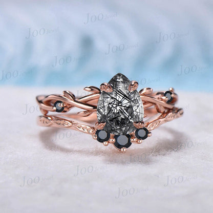1.25ct Pear Twig Vine Natural Black Rutilated Quartz Ring Set Black Gemstone Nature Inspired Black Quartz Engagement Ring Lucky Promise Ring