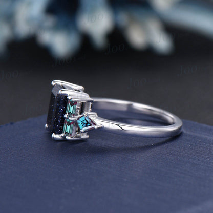 2CT Emerald Cut Galaxy Starry Sky Blue Sandstone Engagement Ring Blue Goldstone Wedding Ring Art Deco Baguette Kite Alexandrite Promise Ring