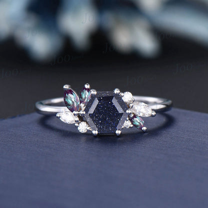 Unique 1ct Hexagon Cut Blue Sandstone Engagement Ring For Women Marquise Alexandrite Wedding Ring Flower Cluster Art Deco Moissanite Ring