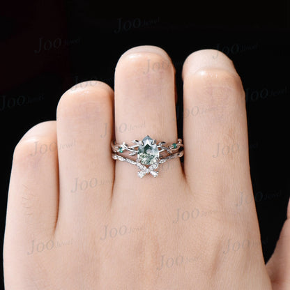1.25ct Nature Inspired Pear Shaped Natural Moss Agate Twig Engagement Ring Set Green Emerald Branch Vine Butterfly Moissanite Wedding Band