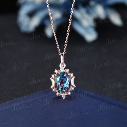 Oval Alexandrite Necklace 14K Rose Gold Moon Star Halo Wedding Necklace June Birthstone Bridal Pendant Necklace Unique Gemstone Promise Gift