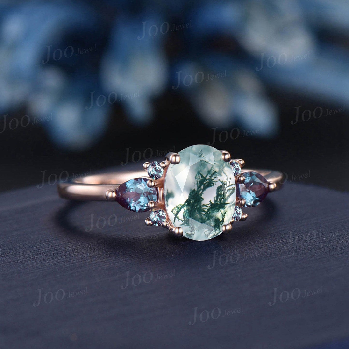 1.5ct Oval Natural Moss Agate Engagement Ring Vintage Color-Change Pear Alexandrite Wedding Ring Unique Anniversary/Birthday/Promise Gifts