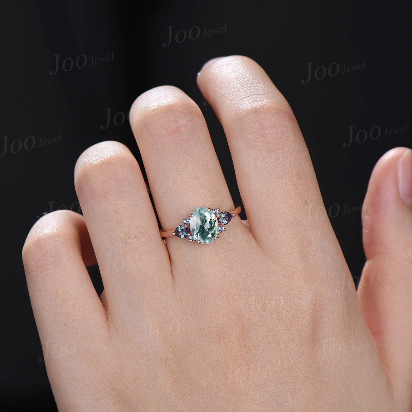 1.5ct Oval Natural Moss Agate Engagement Ring Vintage Color-Change Pear Alexandrite Wedding Ring Unique Anniversary/Birthday/Promise Gifts