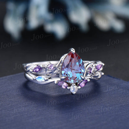 Nature Inspired Color-Change Alexandrite Amethyst Bridal Set Twig Vine Engagement Ring Pear Alexandrite Ring June Birthstone Wedding Gifts