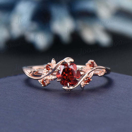 Rose Cut Natural Red Garnet Jewelry 10K Rose Gold Nature Inspired Twig Leaf Garnet Engagement Ring January Birthstone Valentine's Day Gifts