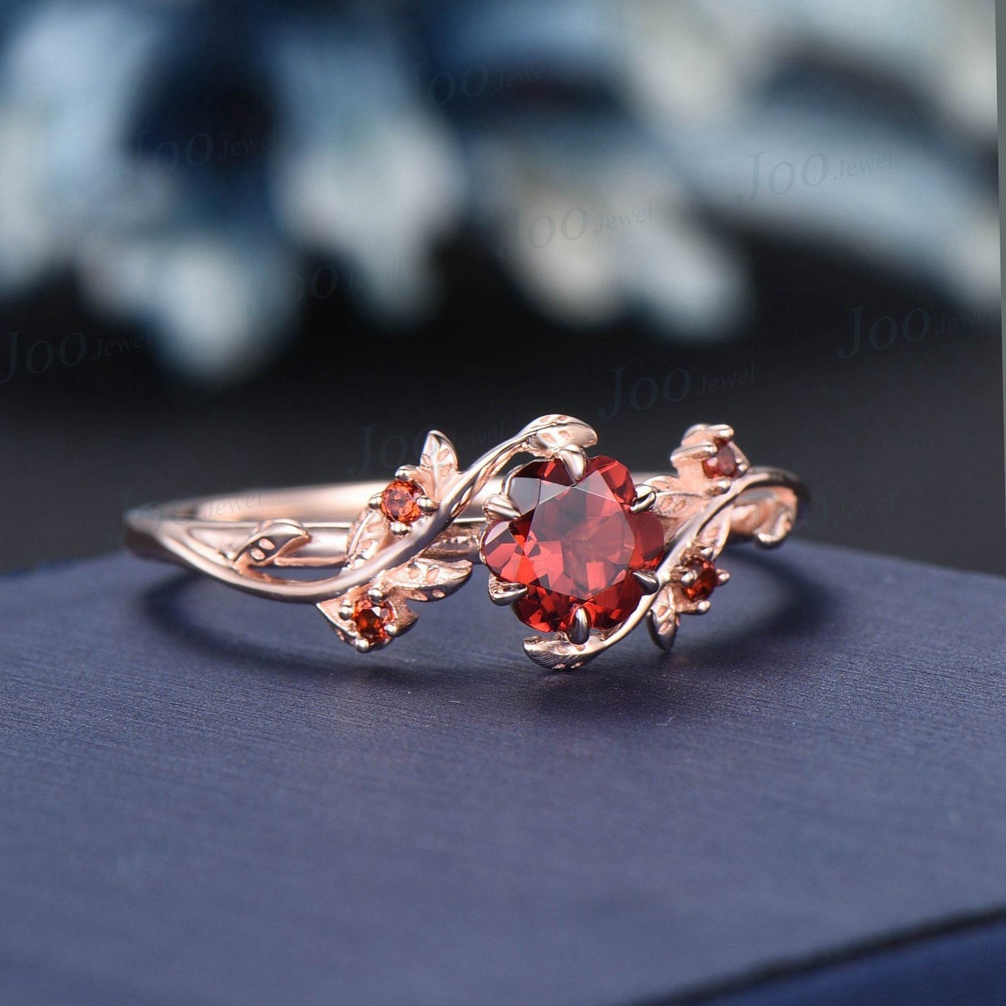 Rose Cut Natural Red Garnet Jewelry 10K Rose Gold Nature Inspired Twig Leaf Garnet Engagement Ring January Birthstone Valentine's Day Gifts