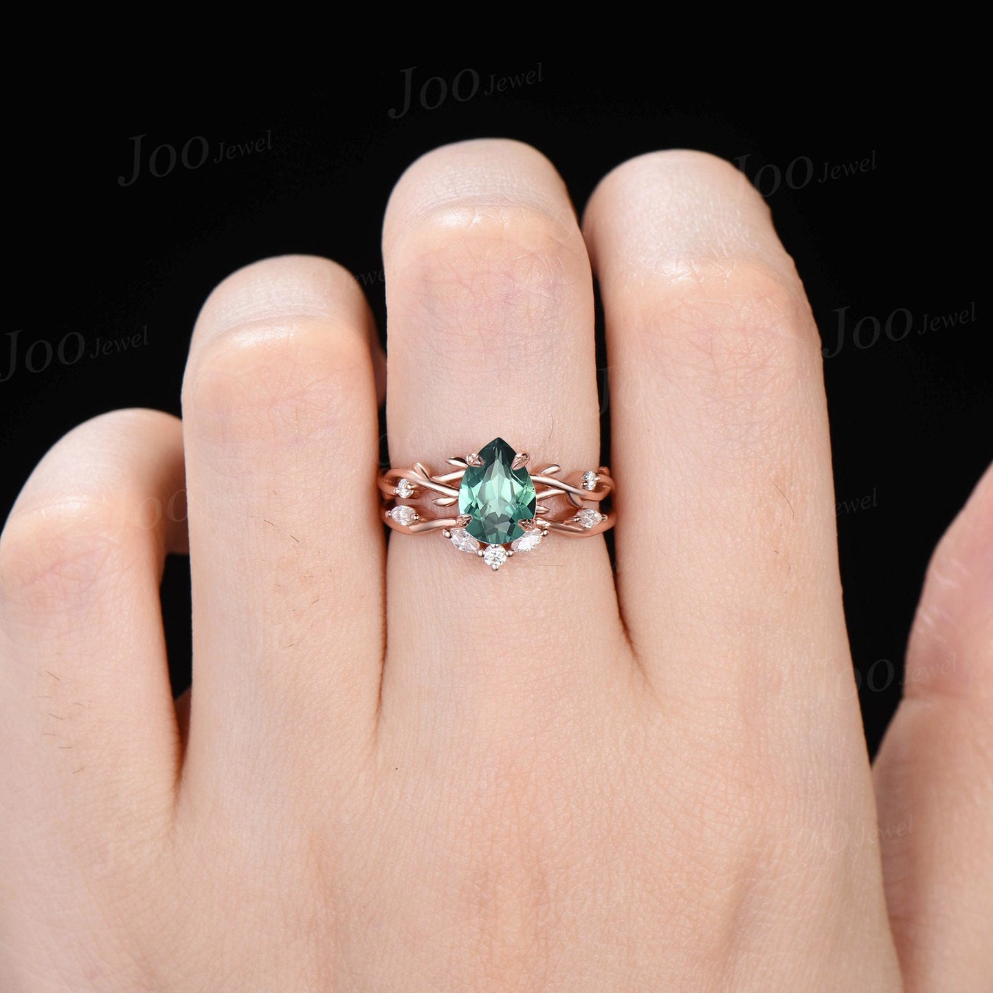 Green Sapphire Diamond Ring Set 1.25ct Pear Green Blue Montana Teal Sapphire Engagement Ring Marquise Moissanite Ring Rose Gold Bridal Ring