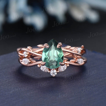 Green Sapphire Diamond Ring Set 1.25ct Pear Green Blue Montana Teal Sapphire Engagement Ring Marquise Moissanite Ring Rose Gold Bridal Ring