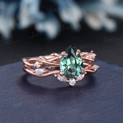 Green Sapphire Diamond Ring Set 1.25ct Pear Green Blue Montana Teal Sapphire Engagement Ring Marquise Moissanite Ring Rose Gold Bridal Ring