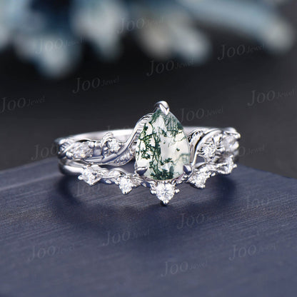 Nature Inspired Natural Moss Agate Diamond Engagement Ring Set 14K White Gold Pear Agate Wedding Ring Set Women Green Gemstone Jewelry Gifts