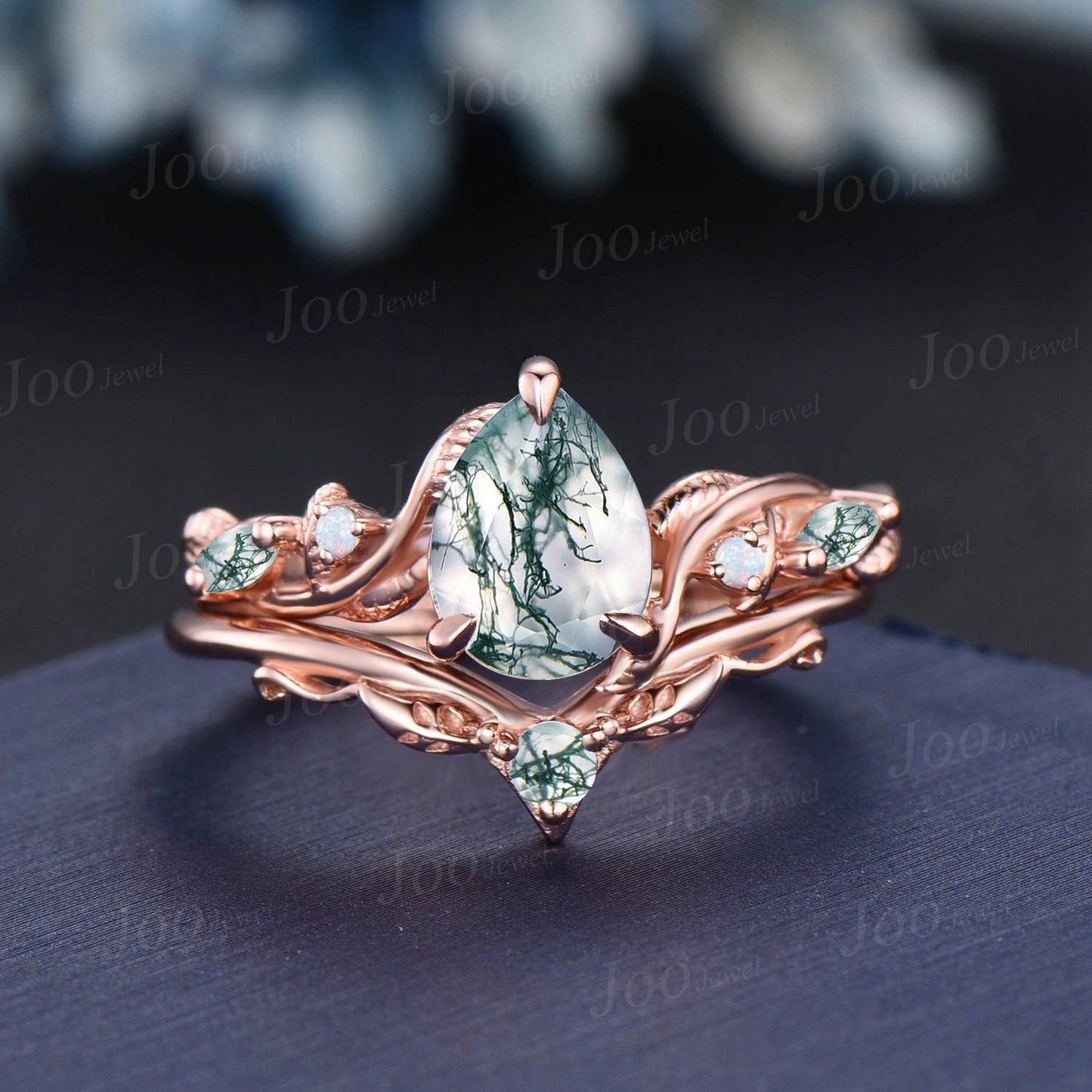 1.25ct Moss Agate Opal Engagement Ring Set Nature Inspired Moss Agate Ring Set 14K Rose Gold Twist Leaf Vine Branch Pear Wedding Ring Gifts