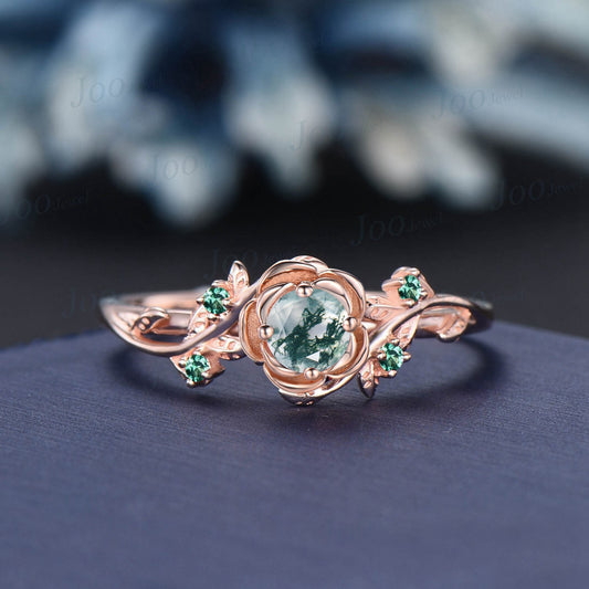 Rose Flower Moss Agate Engagement Ring 10K Rose Gold Nature Wedding Ring Vintage Leaf Branch Moss Ring Cluster Green Emerald Ring