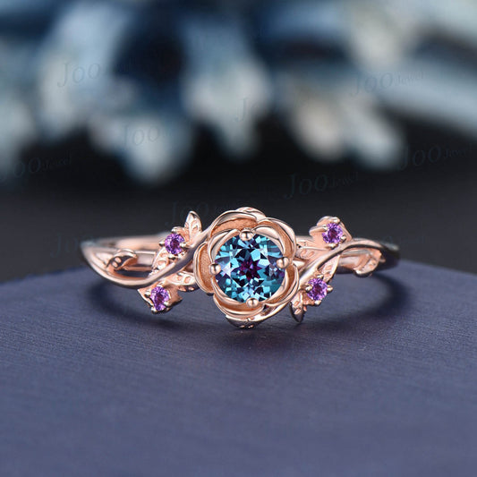 Rose Flower Alexandrite Engagement Rings 5mm Round Color-Change Alexandrite Amethyst Wedding Ring Nature Inspired Leaf Floral Promise Ring