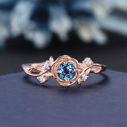 Rose Flower Alexandrite Engagement Rings 5mm Round Color-Change Alexandrite Amethyst Wedding Ring Nature Inspired Leaf Floral Promise Ring