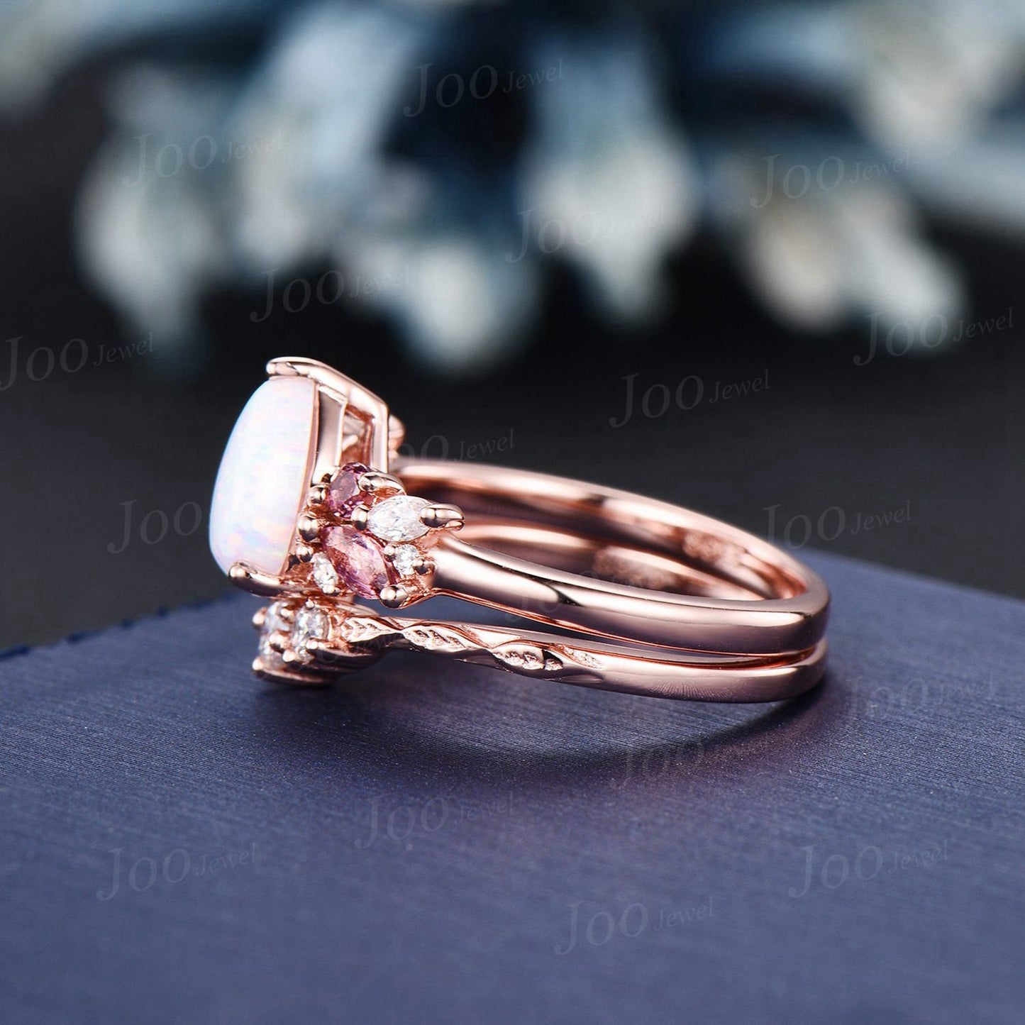 Pink Tourmaline Opal Cluster Bridal Set 1.25ct Pear Opal Engagement Ring Set Vine Twig Moissanite Band Promise Ring October Birthstone Gifts