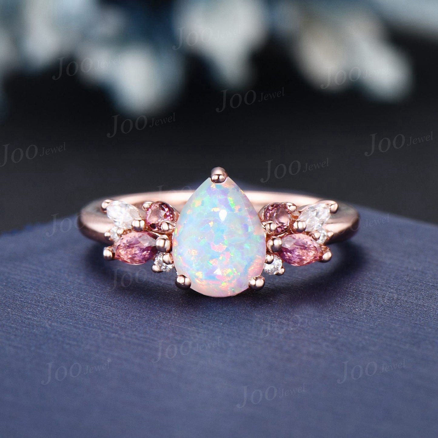 Pink Tourmaline Opal Cluster Bridal Set 1.25ct Pear Opal Engagement Ring Set Vine Twig Moissanite Band Promise Ring October Birthstone Gifts