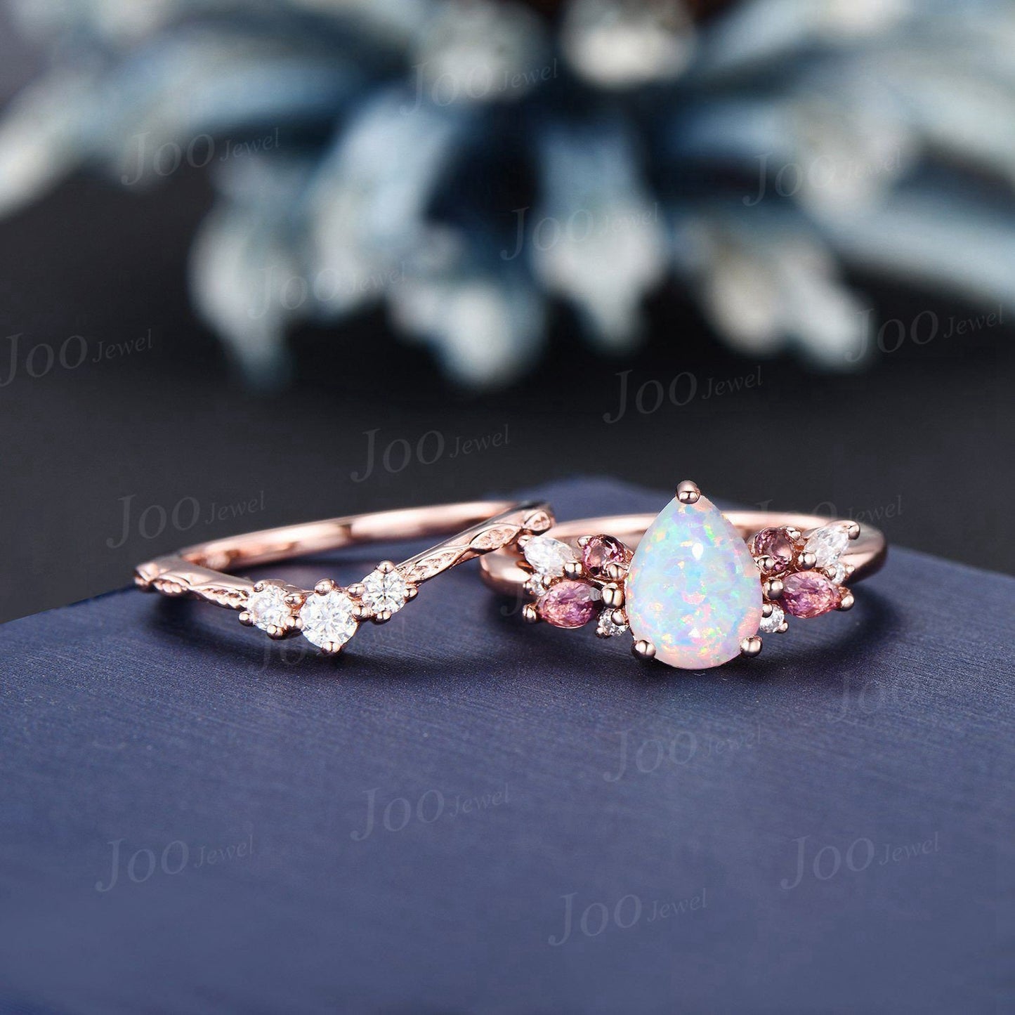 Pink Tourmaline Opal Cluster Bridal Set 1.25ct Pear Opal Engagement Ring Set Vine Twig Moissanite Band Promise Ring October Birthstone Gifts