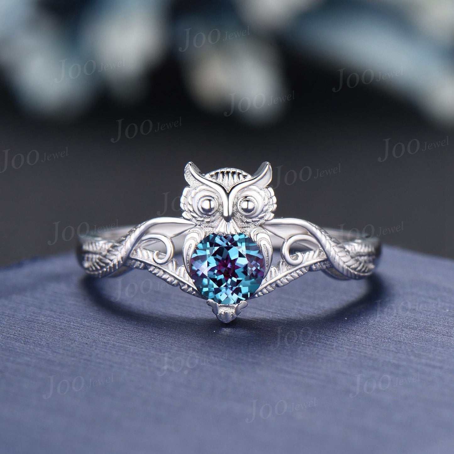Unique Branch Twig Vine Owl Engagement Ring Round Color-Change Alexandrite Wedding Ring Cute Owl Antique Nature Inspired Alexandrite Jewelry