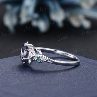 Sterling Silver Round Alexandrite Nature Engagement Ring June Birthstone Gift Cluster Emerald Moon Wedding Ring Unique Birthday Gift Women