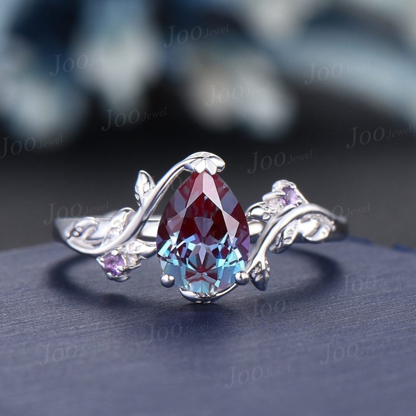 White Gold Alexandrite Pear Engagement Ring Set Nature Inspired Alexandrite Engagement Ring Leaf Vine Amethyst Ring Set Cluster Branch Ring