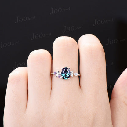 1.5ct Oval Color-Change Alexandrite Promise Ring Celestial Moon Wedding Ring Vintage Amethyst Moonstone Bridal Ring June Birthstone Gifts