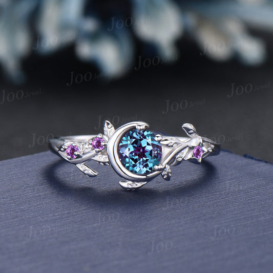 Nature Inspired Color-Change Alexandrite Engagement Ring 14K Gold Moon Star Design Round Alexandrite Amethyst Ring Branch Leaf Wedding Ring