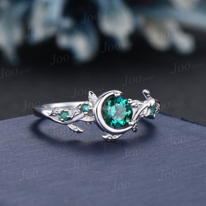 Moon Star Design Round Emerald Promise Ring 10K White Gold Nature Inspired Green Emerald Engagement Ring Branch Leaf Emerald Wedding Rings