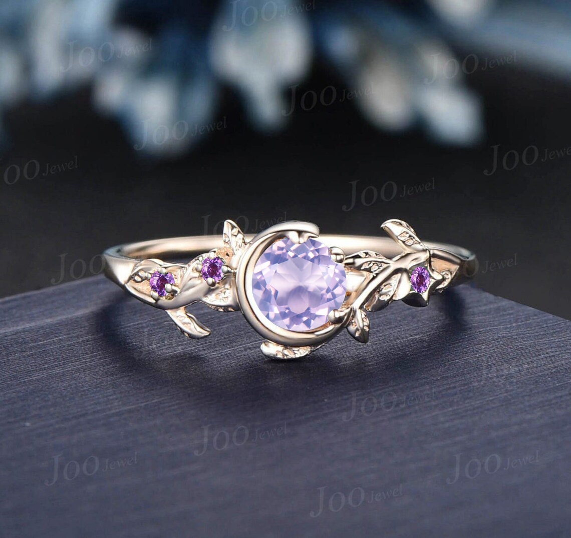 Moon Star Round Natural Lavender Amethyst Promise Ring White Gold Nature Inspired Engagement Ring Branch Leaf Crystal Amethyst Wedding Ring