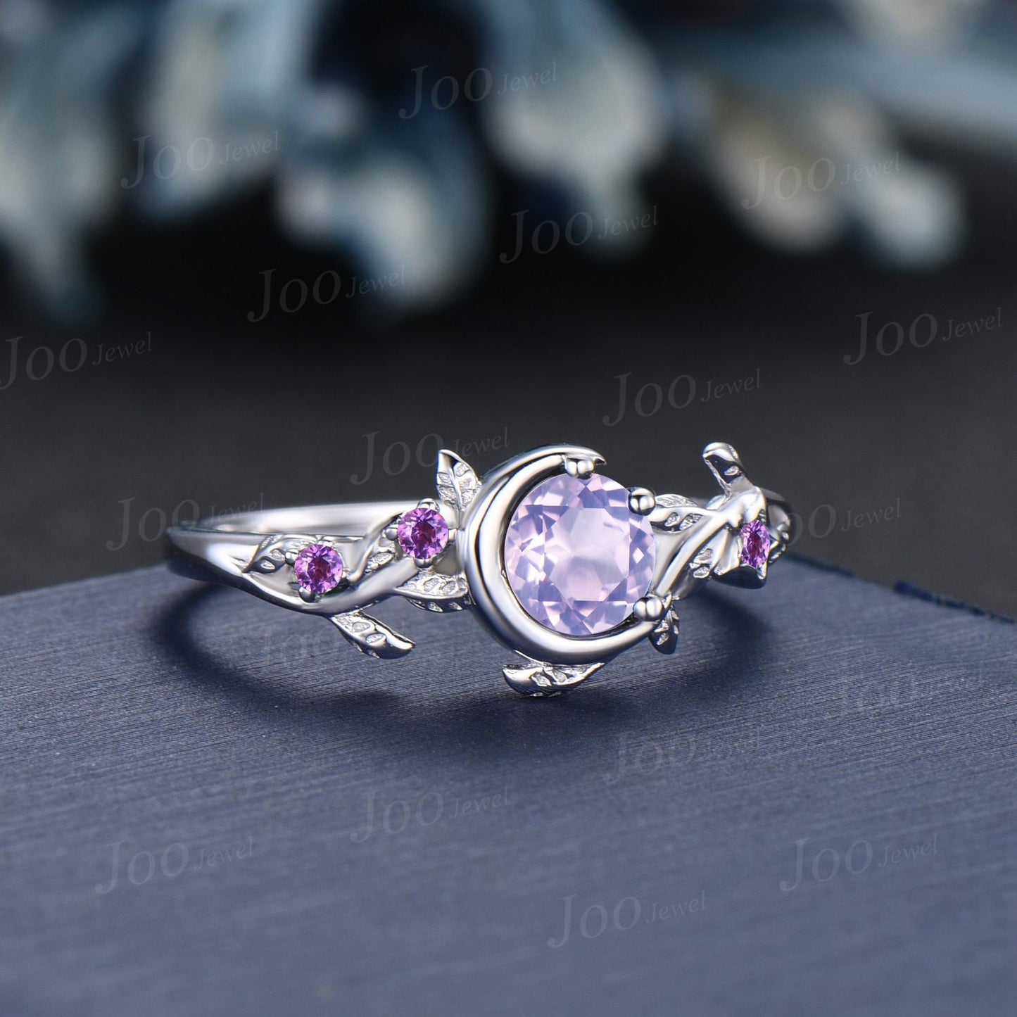 Moon Star Round Natural Lavender Amethyst Promise Ring White Gold Nature Inspired Engagement Ring Branch Leaf Crystal Amethyst Wedding Ring
