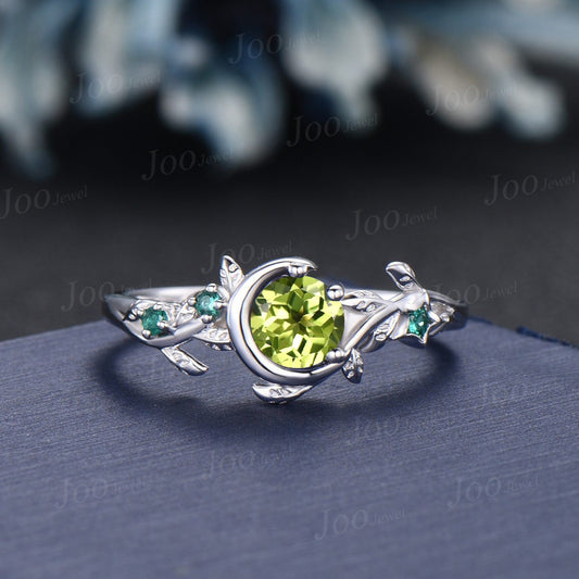 5mm Round Natural Green Peridot Emerald Engagement Ring Vine Twig Leaf Nature Inspired Peridot Wedding Ring Art Deco Moon Star Promise Ring