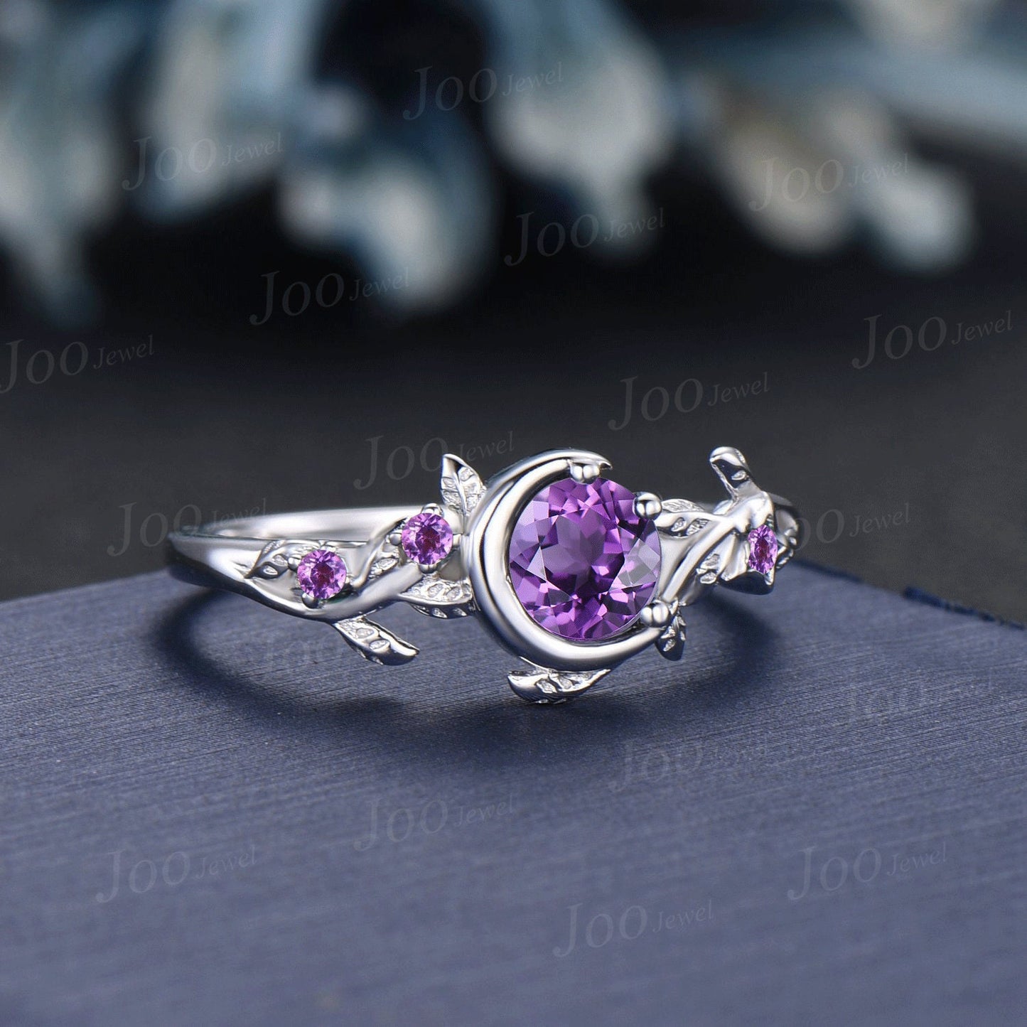 Nature Inspired Branch Natural Amethyst Engagement Ring Vintage Moon Star Wedding Ring Round Amethyst Ring Unique February Birthstone Gifts