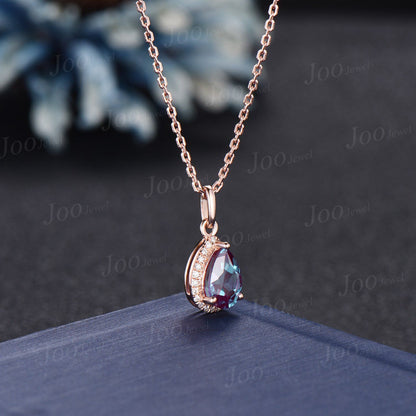 Pear Cut Color-Change Alexandrite Necklace Solid 14K/18K Rose Gold June Birthstone Gemstone Necklace Vintage Halo Moissanite Diamond Pendant