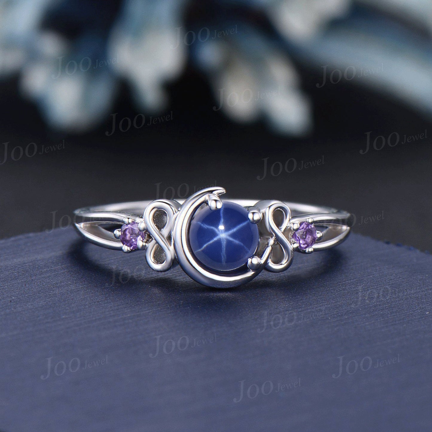 5mm Round Star Sapphire Moon Engagement Ring Amethyst Infinity Wedding Ring Split Shank Band Unique Personalized Anniversary/Promise Ring