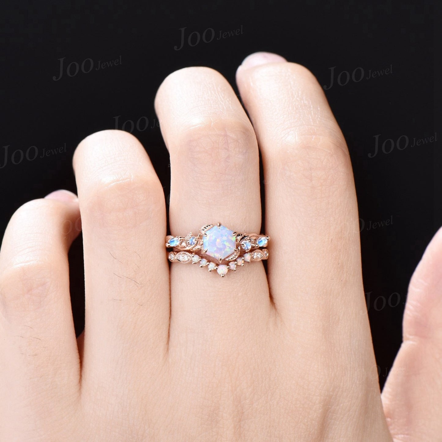 Nature Inspired Twig Opal Ring Set 10K Rose Gold 1ct Hexagon Opal Moonstone Branch Engagement Ring Unique October Birthstone Birthday Gifts