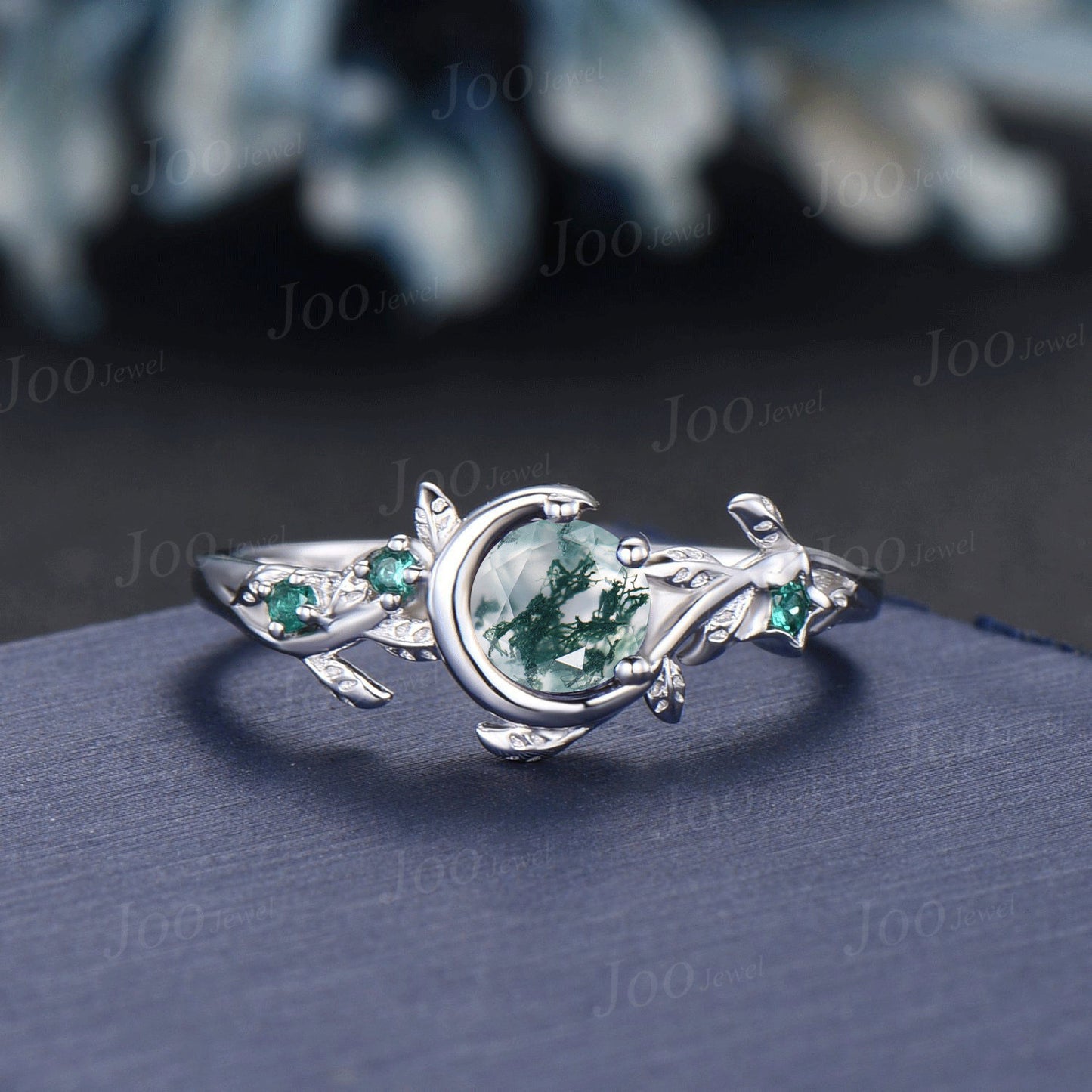 Nature Inspired Natural Moss Agate Ring Moon Star Design Vintage 1ct Round Moss Agate Engagement Ring Leaf Green Emerald Dainty Wedding Ring