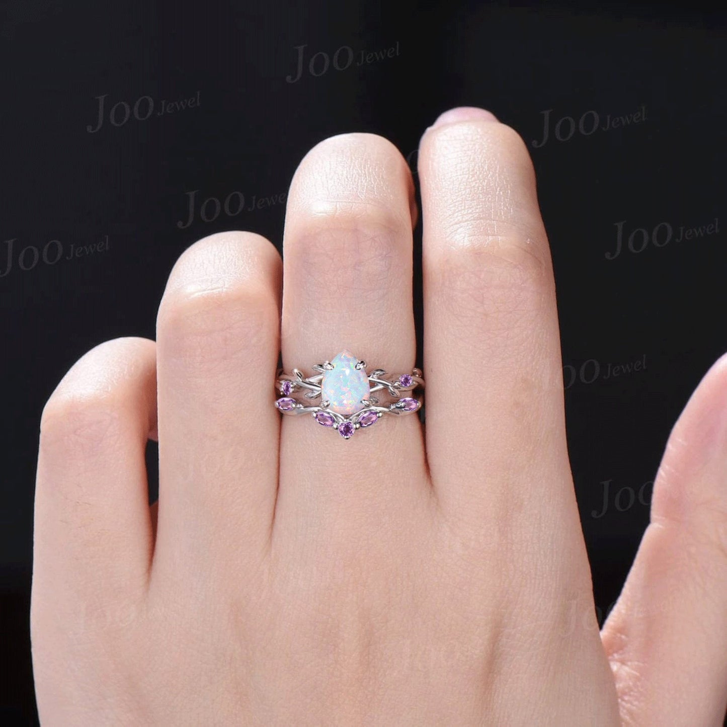 1.25ct Nature Inspired White Opal Bridal Set Unique 14K White Gold Pear Shaped Fire Opal Amethyst Wedding Ring Twig Vine Branch Promise Ring