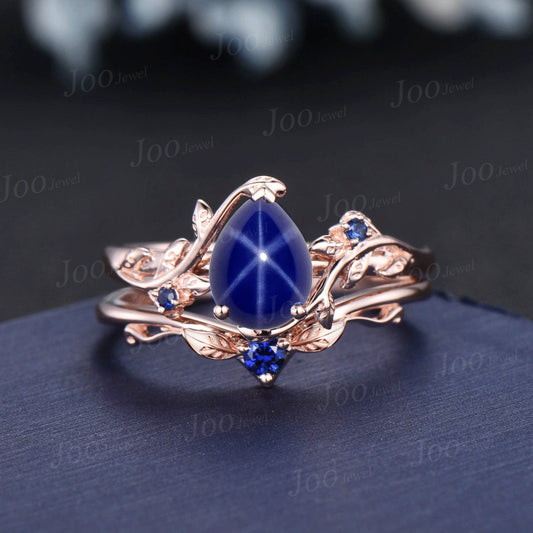 1.25ct Pear Cut Nature Inspired Star Sapphire Engagement Ring Set Branch Leaf Blue Sapphire Wedding Ring Set Unique Handmade Proposal Gifts