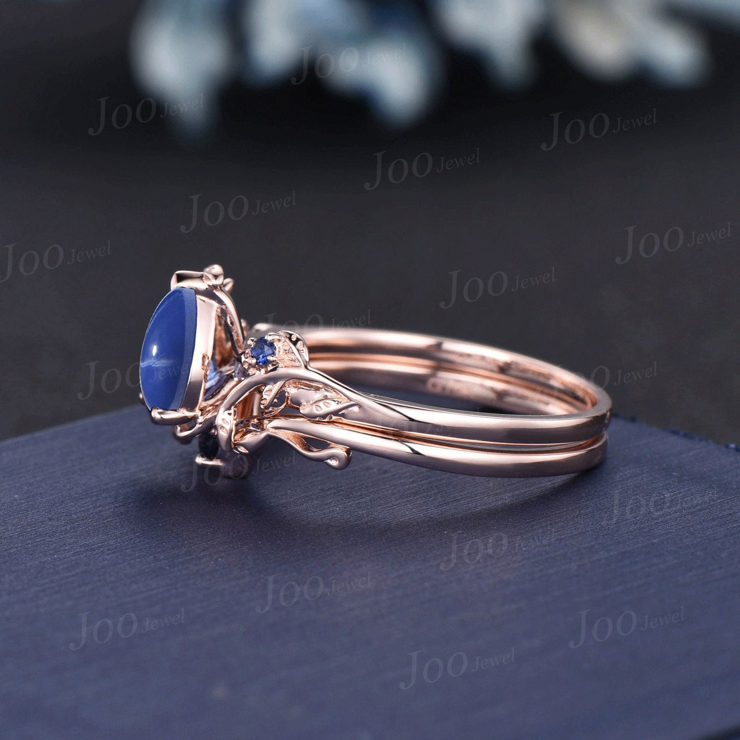 1.25ct Pear Cut Nature Inspired Star Sapphire Engagement Ring Set Branch Leaf Blue Sapphire Wedding Ring Set Unique Handmade Proposal Gifts