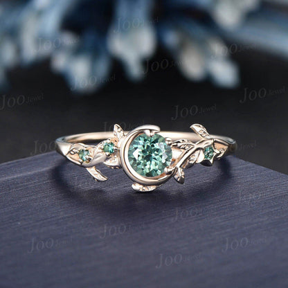 Nature Inspired Green Sapphire Ring Moon Star Design Vintage 5mm Round Olive Sapphire Engagement Ring Leaf Green Emerald Dainty Wedding Ring