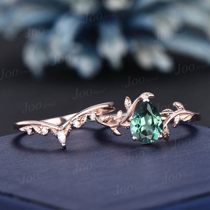 1.25ct Pear Green Sapphire Diamond Ring Set Nature Inspired Teal Montana Sapphire Engagement Ring Rose Gold Leaf Vine Branch Solitaire Ring