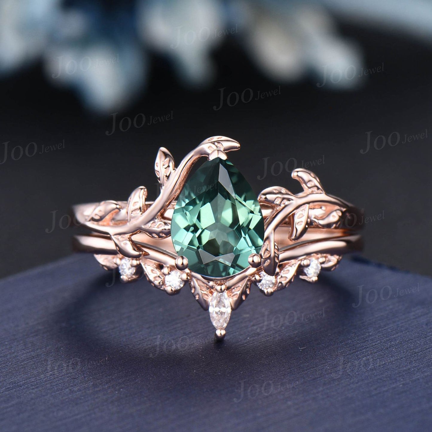 1.25ct Pear Green Sapphire Diamond Ring Set Nature Inspired Teal Montana Sapphire Engagement Ring Rose Gold Leaf Vine Branch Solitaire Ring