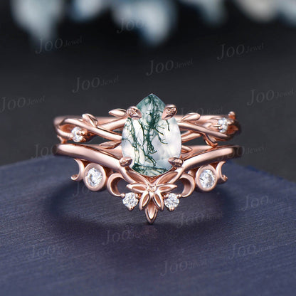 1.25ct Pear Moss Agate Wedding Ring Set 14K Rose Gold Twig Vine Half Moon Moss Agate Diamond Engagement Ring Unique Promise Anniversary Ring