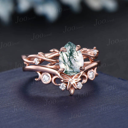 1.25ct Pear Moss Agate Wedding Ring Set 14K Rose Gold Twig Vine Half Moon Moss Agate Diamond Engagement Ring Unique Promise Anniversary Ring