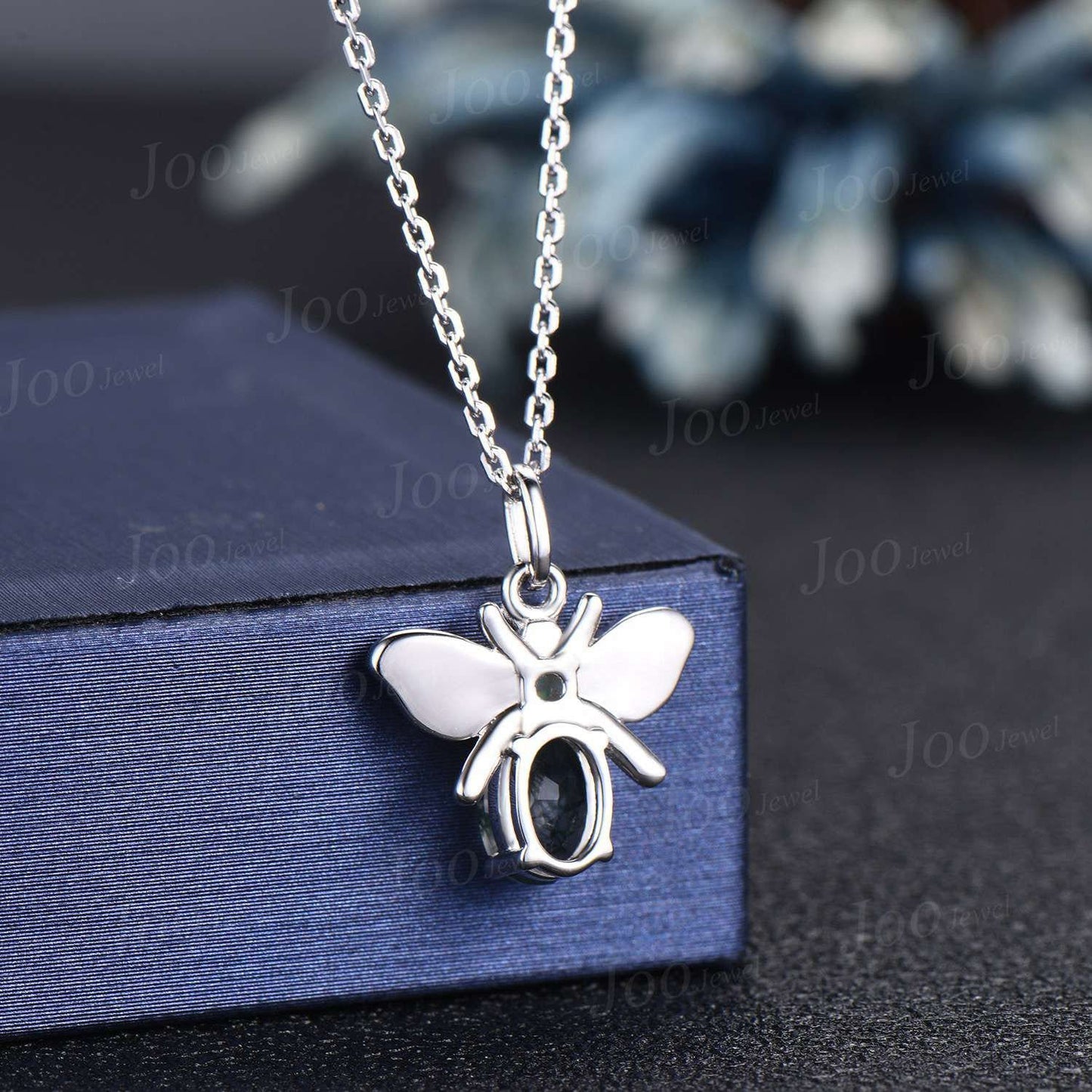 14K White Gold Honey Bee Necklace Natural Oval Moss Agate Pendant Sterling Silver Personalized Bumble Bee Agate Jewelry Unique Birthday Gift