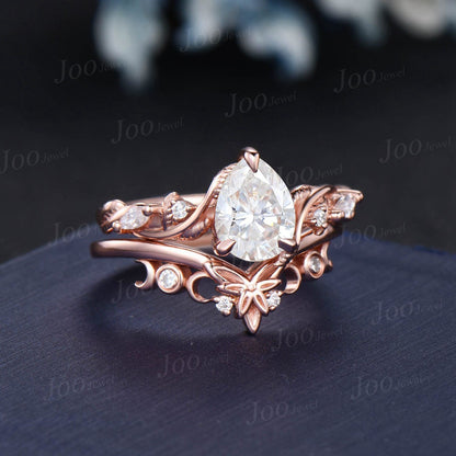 1.25ct Leaf Nature Inspired Moissanite Diamond Engagement Rings Set 14K Rose Gold Pear Wedding Ring Unique Proposal Anniversary Gifts Women