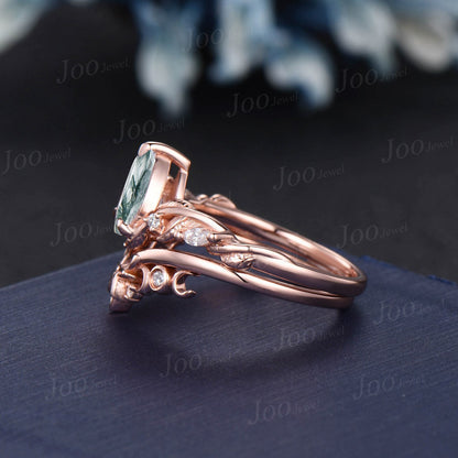 1.25ct Nature Inspired Natural Moss Agate Moissanite Engagement Rings Set 14K Rose Gold Pear Wedding Ring Unique Anniversary Gifts for Women