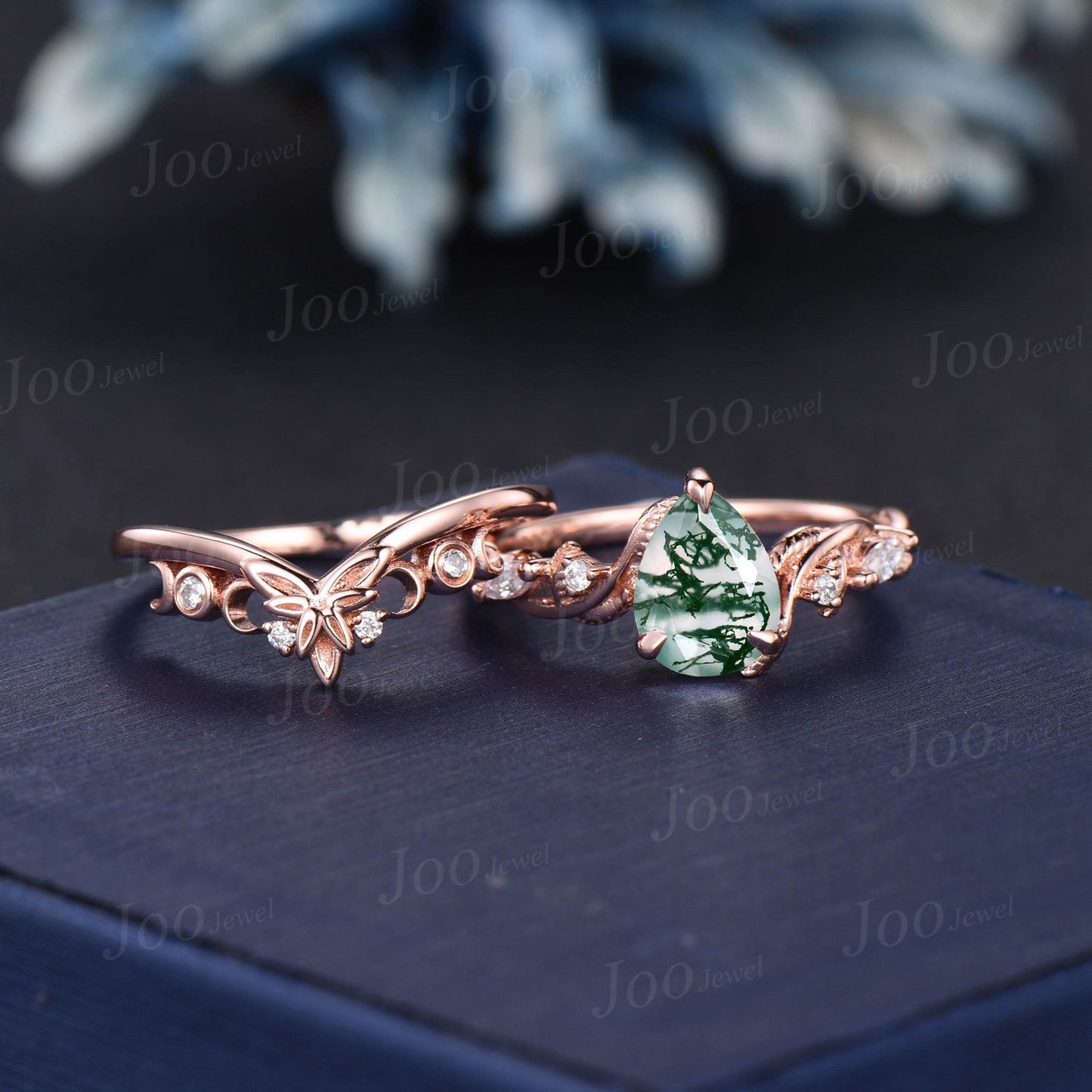 1.25ct Nature Inspired Natural Moss Agate Moissanite Engagement Rings Set 14K Rose Gold Pear Wedding Ring Unique Anniversary Gifts for Women